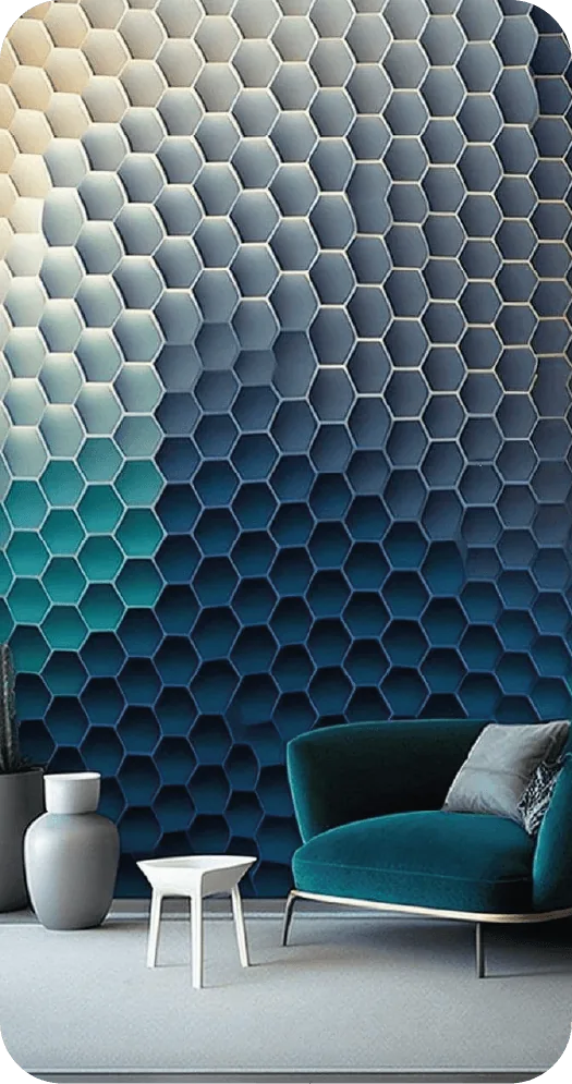 Vinilo mural tridimensional con patr&oacute;n hexagonal azul en una sala contempor&aacute;nea